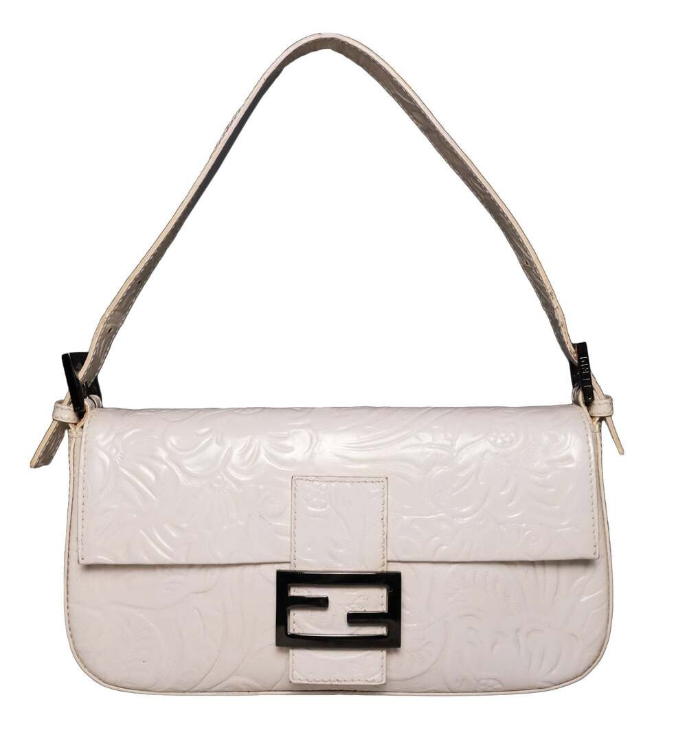 Fendi White Embossed Leather Floral Baguette